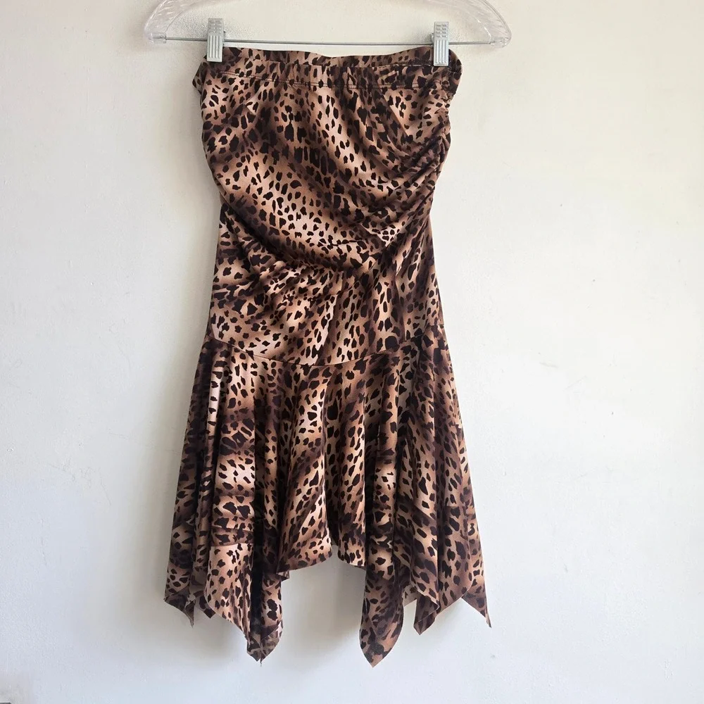 Vtg Y2K Forever 21 Medium Tube Dress Women Brown Leopard Ruched Handkerchief Hem